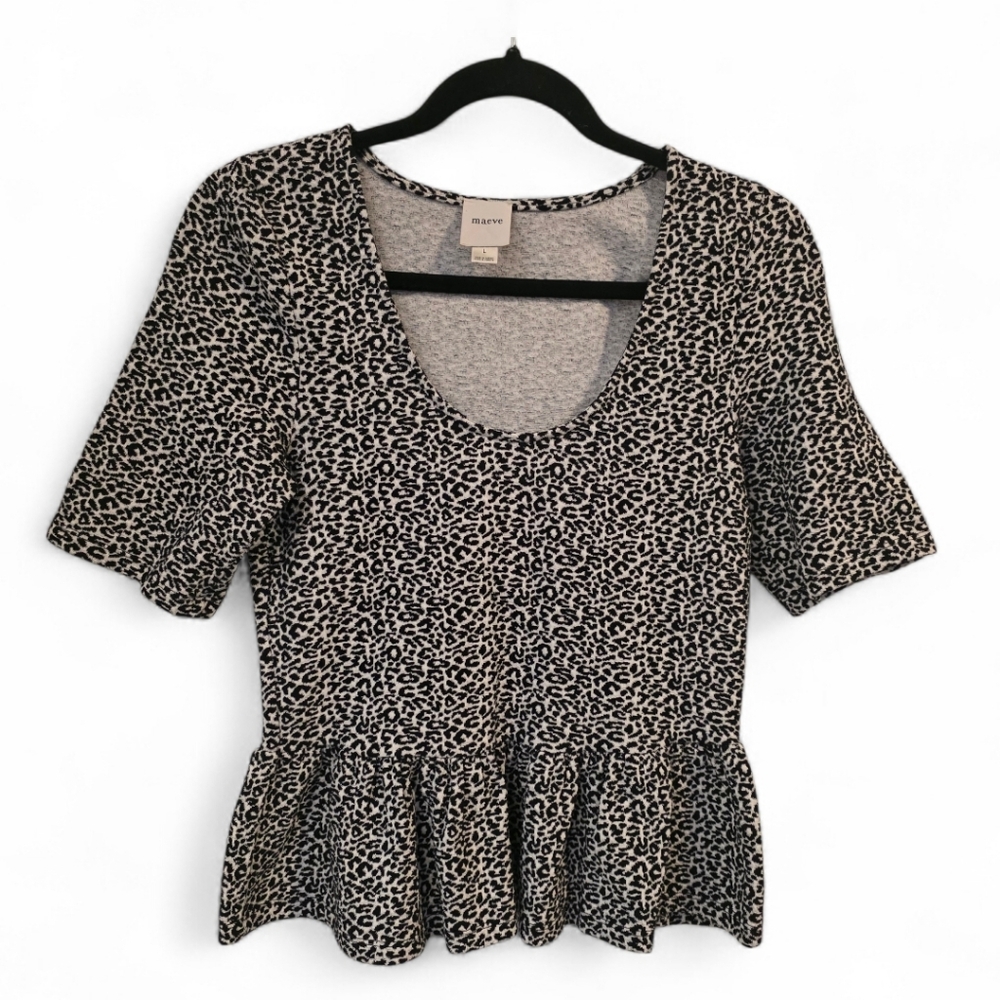 Maeve Leopard Print Peplum Top Black White Short Sleeve Size Large - Picture 3 of 10